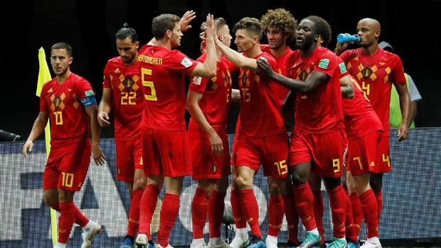 Para pemain timnas Belgia merayakan gol ke gawang Brasil di babak perempat final Piala Dunia 2018.
