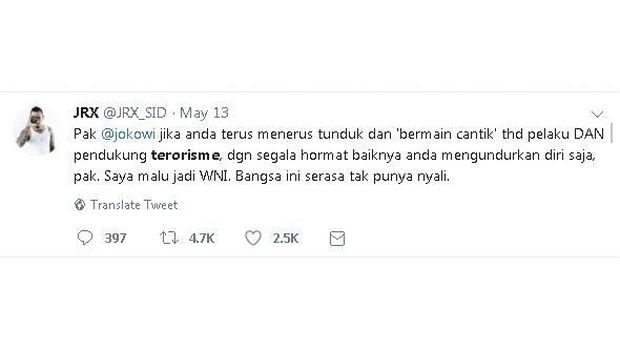 Jerinx 'SID' Kritik Presiden Joko Widodo di Twitter