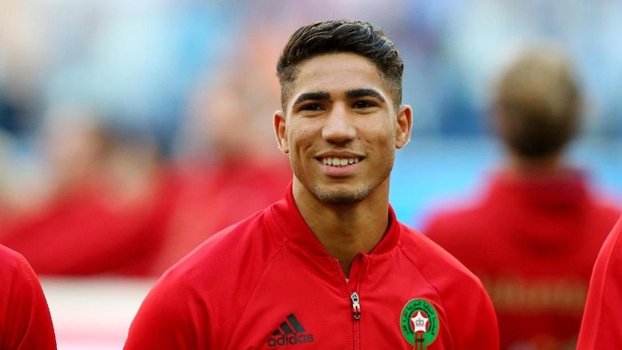 SAINT PETERSBURG, RUSSIA - JUNE 15:  Achraf Hakimi of Morocco looks on during the 2018 FIFA World Cup Russia group B match between Morocco and Iran at Saint Petersburg Stadium on June 15, 2018 in Saint Petersburg, Russia.  (Photo by Alex Livesey/Getty Images)