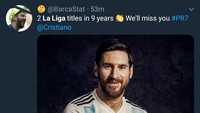 Namun ada yang senang dengan perginya Ronaldo dari La Liga. Siapa lagi kalau bukan fans Lionel Messi dengan Barcelona-nya. Tuh, katanya Ronaldo pergi dari La Liga karena cuma mendapat dua gelar La Liga dalam sembilan musim. (Foto: Twitter @BarcaStat)