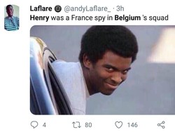 Atau jangan-jangan Henry ke Belgia cuma menjadi mata-mata untuk Prancis? (Foto: Twitter @andyLaflare_)