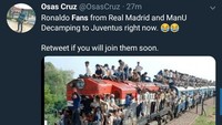 Karena gagal ke MU, maka fans Setan Merah mungkin beralih jadi pendukung Juve yang sukses mendatangkan Ronaldo. Berbondong-bondong nih pindah haluan. (Foto: Twitter @OsasCruz)