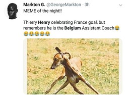 Saat Prancis unggul 1-0 atas Belgia lewat gol Samuel Umtiti, Henry mungkin sempat berselebrasi tapi tidak jadi. Seperti ini mungkin gayanya. (Foto: Twitter @GeorgeMarkton)