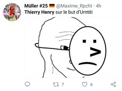 Sebagai legenda Prancis, Henry diyakini juga senang melihat negaranya lolos ke final Piala Dunia 2018. Maka meme-meme dirinya tersenyum di balik tangis kekalahan Belgia beredar di dunia maya. (Foto: Twitter @Maxime_Rocht)
