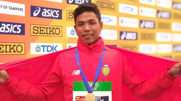 Lalu Muhammad Zohri saat meraih medali emas di Kejuaraan Atletik Junior Dunia 2018 di Finlandia. (