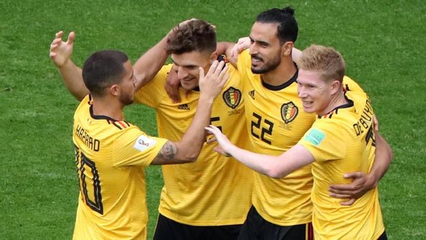 Belgia merayakan gol pertama. 