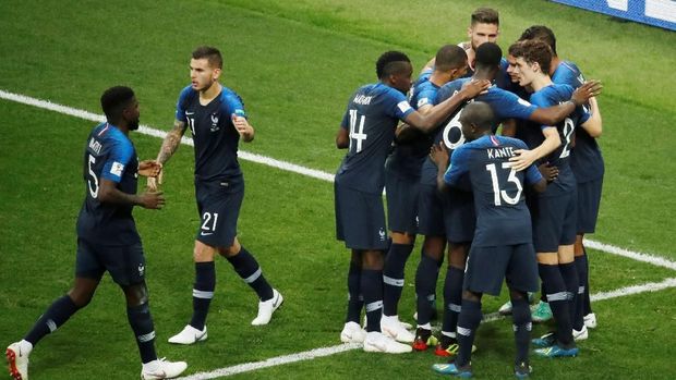 Timnas Prancis ketika merayakan keberhasilan mereka di final Piala Dunia 2018.