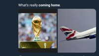 Yang benar-benar pulang ke Inggris pada akhirnya cuma pesawat, bukan trofi Piala Dunia 2018. (Foto: Twitter @kay_mahapa)