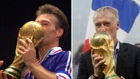 Deschamps sang pemain dan Deschamps si pelatih dalam pose mengecup trofi Piala Dunia dalam dua momen berbeda yang berjarak 20 tahun. (Foto: Ian Waldie dan Carl Recine/Reuters)