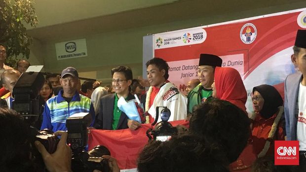 Lalu Muhammad Zohri saat tiba di Bandara Soekarno-Hatta.