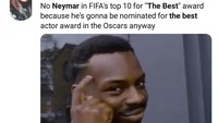 Neymar mungkin lebih suka ikut penghargaan Oscar lantaran sering berakting di lapangan, ketimbang menjadi pemain terbaik dunia. (Foto: Twitter @TooMessiForYou)