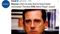 FIFA merilis 10 nama calon peraih penghargaan pemain terbaik dunia 2018, dengan tidak ada nama Neymar di dalamnya. Mungkin begini reaksi Neymar saat tahu namanya tidak ada di dalam daftar. (Foto: Twitter @Coral)