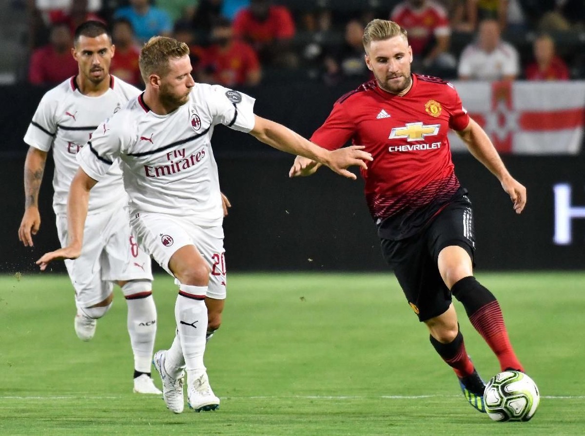 Aksi Luke Shaw pada laga pramusim melawan AC Milan (Foto: Robert Hanashiro-USA TODAY Sports)