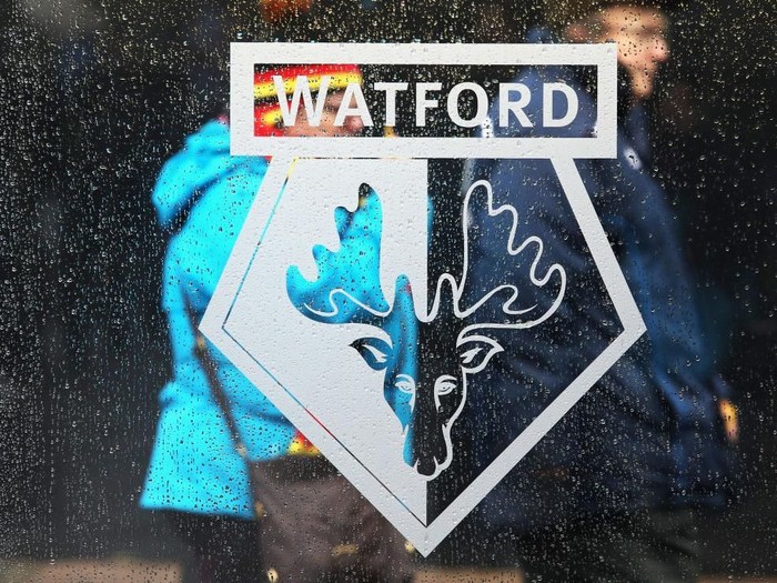 WATFORD, ENGLAND - DECEMBER 16:  Watford logo is seen prior to the Premier League match between Watford and Huddersfield Town at Vicarage Road on December 16, 2017 in Watford, England.  (Photo by Christopher Lee/Getty Images)