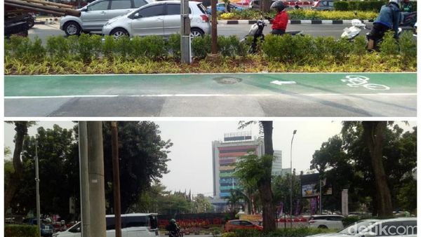 Before-After Tiang Halang Rintang di Jalur Sepeda GBK Dicabut