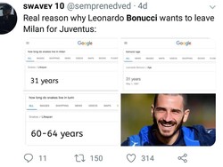 Di Twitter, ada yang mengunggah foto jika ular hanya bisa hidup di Milan selama 31 tahun, sama dengan usia Bonucci saat ini. Sementara ular di Turin bisa mencapai  64 tahun, jadi Bonucci pindah ke kota yang membuatnya hidup lebih lama. (Foto: Twitter @semprenedved)