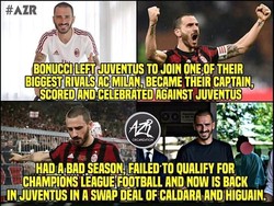 Ketika pindah ke Milan, Bonucci didapuk menjadi kapten dan sempat membobol gawang Juventus. Namun musim perdananya terbilang jelek, sehingga kini Bonucci pindah ke Juventus yang disebut-sebut menjadi favorit juara Liga Champions karena sukses mendatangkan Ronaldo. Enak ya kamu ckckck. (Foto: Twitter)