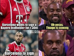Sebelumnya Barca lebih banyak dirumorkan bakal memulangkan Thiago dari Bayern, eh malah jadinya merekrut Vidal. Hmmm... (Foto: Twitter @TrollFootball)