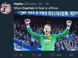 Kepergian Courtois dinilai membuat sebagian kiper lain di Premier League senang lantaran Courtois selalu masuk menjadi kandidat peraih sarung emas. (Foto: Twitter @Hayles_101)