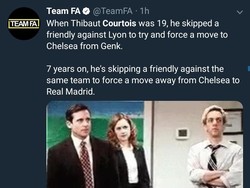 Sikap Courtois kini mirip ketika dulu dibeli Chelsea dari RC Genk pada 2011. Ketika itu, ia ngambek ingin pindah ke London dengan melewatkan pertandingan pramusim melawan Lyon. (Foto: Twitter @TeamFA)