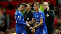 Pada babak kedua, Leicester memainkan striker andalannya, Jamie Vardy, untuk menambah daya gedor. Foto: Andrew Boyers/Action Images via Reuters