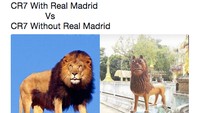Kekalahan atas Atletico di Piala Super Eropa bikin fans ini memberi perbandingan Madrid ada dan tanpa Ronaldo: sangar bak singa bersama dirinya dan jadi patung singa lucu belaka tanpa sosoknya. (Foto: Twitter)