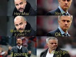 Mourinho membawa MU kalah, sementara Pep Guardiola justru sukses membawa Manchester City pesta gol ke gawang Huddersfield Town di Etihad. (Foto: Twitter @Footy_JokesOG)