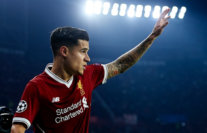 SEVILLE, SPAIN - NOVEMBER 21: Philippe Coutinho of Liverpool FC reacts during the UEFA Champions League group E match between Sevilla FC and Liverpool FC at Estadio Ramon Sanchez Pizjuan on November 21, 2017 in Seville, Spain. (Photo by Aitor Alcalde/Getty Images)