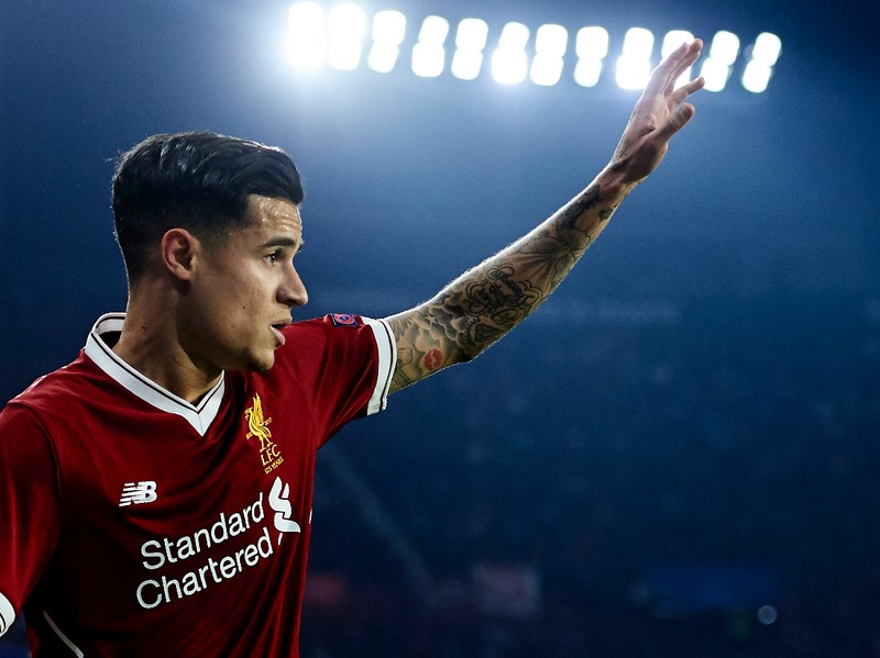 SEVILLE, SPAIN - NOVEMBER 21: Philippe Coutinho of Liverpool FC reacts during the UEFA Champions League group E match between Sevilla FC and Liverpool FC at Estadio Ramon Sanchez Pizjuan on November 21, 2017 in Seville, Spain. (Photo by Aitor Alcalde/Getty Images)