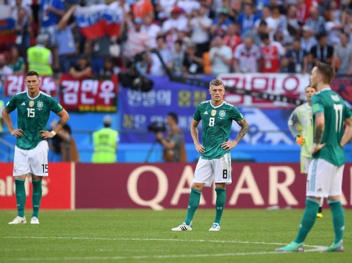KAZAN, RUSSIA - JUNE 27:  Niklas Suele, Toni Kroos, Manuel Neuer and Marco Reus of Germany looks dejected following his sides defeat in the 2018 FIFA World Cup Russia group F match between Korea Republic and Germany at Kazan Arena on June 27, 2018 in Kazan, Russia.  (Photo by Laurence Griffiths/Getty Images)