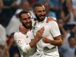 Benzema tak butuh waktu lama untuk mencetak gol keduanya. Ia kembali menjebol gawang Leganes di menit ke-61 untuk membawa Madrid unggul 3-1. Foto: Javier Barbancho/Reuters