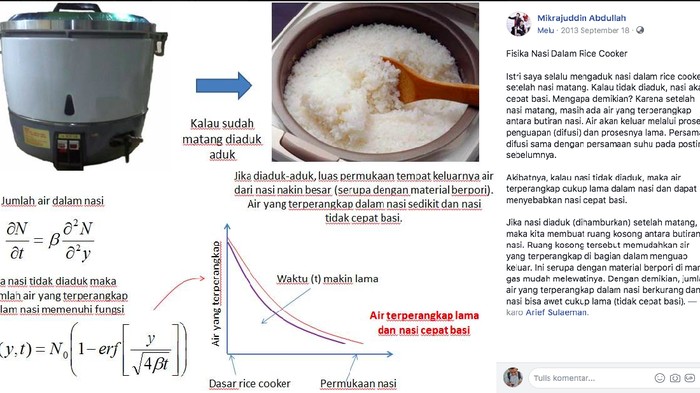 Analisis ilmiah tentang penyebab nasi cepat basi saat dimasak dengan rice cooker ini tengah viral di media sosial (Foto: FB Prof Mikrajuddin Abdullah)