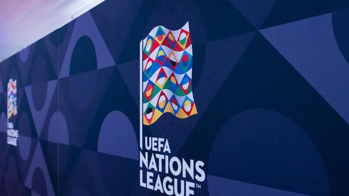 UEFA Nations League LAUSANNE, SWITZERLAND - JANUARY 24: Feature of the UEFA Nations League logo during the UEFA Nations League Draw 2018 at Swiss Tech Convention Center on January 24, 2018 in Lausanne, Switzerland. (Photo by Robert Hradil/Getty Images)