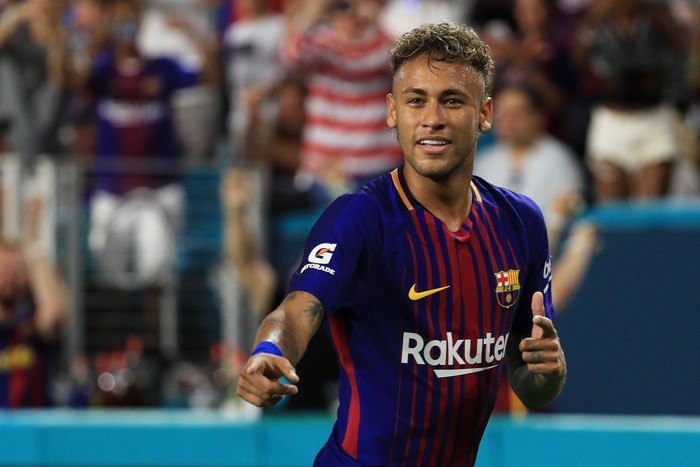 Neymar MIAMI GARDENS, FL - JULY 29: Neymar #11 of Barcelona reacts in the second half against Real Madrid during their International Champions Cup 2017 match at Hard Rock Stadium on July 29, 2017 in Miami Gardens, Florida. (Photo by Mike Ehrmann/Getty Images)