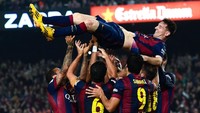 Lionel Messi kembali mencetak hat-trick saat berhadapan dengan Sevilla di tahun 2014. Atas tiga golnya itu dia melewati rekor Telmo Zarra sebagai topskorer Liga Spanyol sepanjang masa. (David Ramos/Getty Images)
