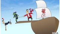 Roberto Firmino menjadi bajak laut yang mengusir Neymar dan Kylian kura-kura ninja Mbappe dari perahu Anfield. Neymar terlihat dengan suka cita melakukan diving (menyelam) (ist.)