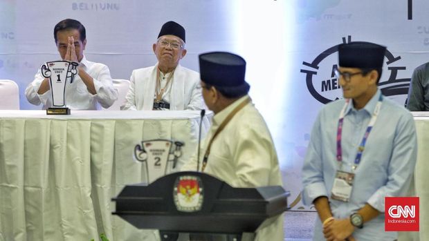 Dua paslon di Pilpres 2019, paslon nomor urut 01 Jokowi-Ma'ruf Amin dan paslon nomor urut 02 Prabowo Subianto-Sandiaga Uno.