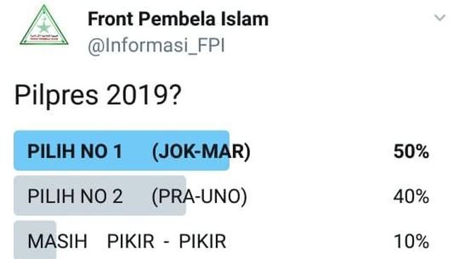 Jokowi-Ma'ruf Menang di Pollingnya, FPI: Akun Kami Di-banned Jokowi-Ma'ruf Menang di Pollingnya, FPI: Akun Kami Di-banned