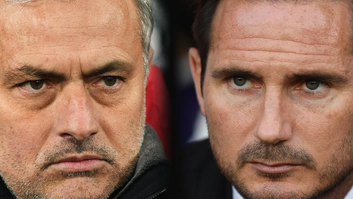 FILE PHOTO (EDITORS NOTE: COMPOSITE OF IMAGES - Image numbers 931533094,1020870870 - GRADIENT ADDED) In this composite image a comparison has been made between Jose Mourinho, Manager of Manchester United (L) and Derby manager Frank Lampard. Manchester United and Derby County meet in a Carabao Cup Third Round  on September 25, 2018 at Old Trafford in Manchester. ***LEFT IMAGE*** MANCHESTER, ENGLAND - MARCH 13: Jose Mourinho, Manager of Manchester United looks on prior to the UEFA Champions League Round of 16 Second Leg match between Manchester United and Sevilla FC at Old Trafford on March 13, 2018 in Manchester, United Kingdom. (Photo by Michael Regan/Getty Images) ***RIGHT IMAGE***  DERBY, ENGLAND - AUGUST 21: Derby manager Frank Lampard looks on during the Sky Bet Championship match between Derby County v Ipswich Town at Pride Park Stadium on August 21, 2018 in Derby, England. (Photo by Michael Regan/Getty Images)
