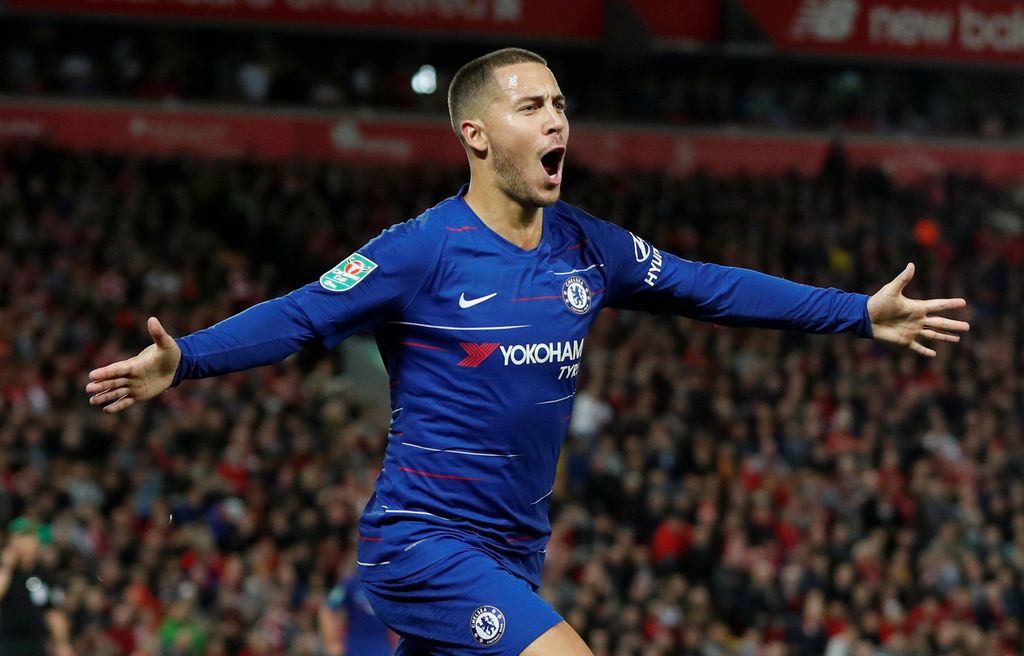 Soccer Football - Carabao Cup - Third Round - Liverpool v Chelsea - Anfield, Liverpool, Britain - September 26, 2018  Chelsea's Eden Hazard celebrates scoring their second goal   Action Images via Reuters/Lee Smith  EDITORIAL USE ONLY. No use with unauthorized audio, video, data, fixture lists, club/league logos or 