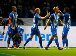 Gol Duda memastikan Hertha meraih angka penuh, sekaligus kemenangan pertama atas Bayern sejak 2009. (Foto: Hannibal Hanschke/Reuters)
