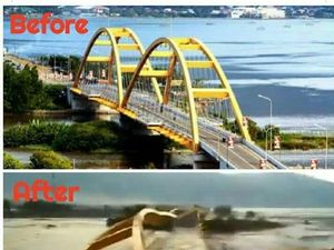 Foto: Before-After Jembatan Kuning Palu yang Kini Hancur Foto: Before-After Jembatan Kuning Palu yang Kini Hancur