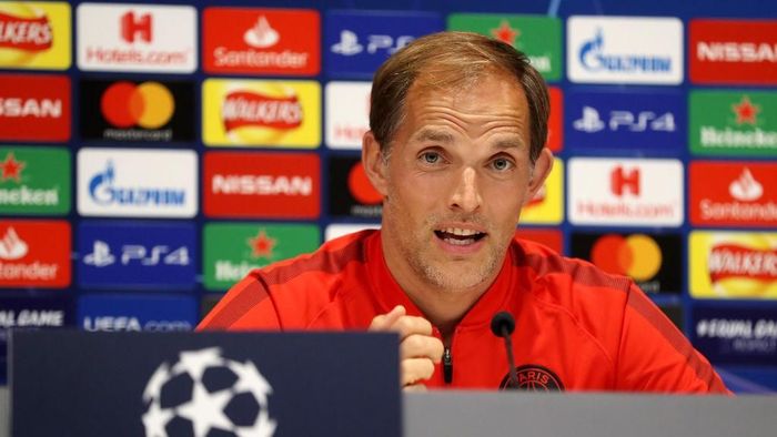 thomas tuchel paris saint-germain LIVERPOOL, ENGLAND - SEPTEMBER 17: Thomas Tuchel, Head Coach of Paris Saint-Germain speaks to the media during a Paris Saint-Germain Press Conference on the eve of their UEFA Champions League match against Liverpool at Anfield on September 17, 2018 in Liverpool, England. (Photo by Mark Robinson/Getty Images)