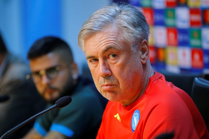 Soccer Football - Champions League - Napoli Press Conference - Centro Sportivo Castel Volturno, Naples, Italy - October 2, 2018  Napoli coach Carlo Ancelotti and Lorenzo Insigne during the press conference   REUTERS/Ciro De Luca