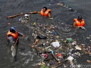 Petugas Berjibaku Bersihkan Sampah di Kanal Barat Penjaringan