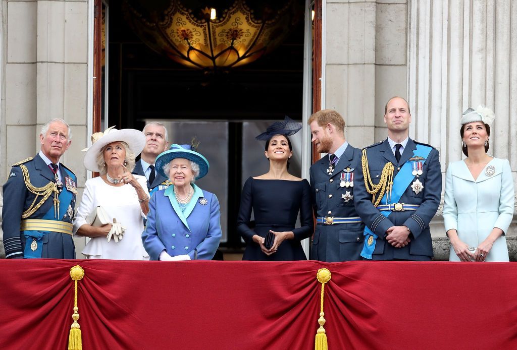 LONDON, ENGLAND - JULY 10:  (L-R) Catherine, Duchess of Cambridge, Prince William, Duke of Cambridge, Meghan, Duchess of Sussex and Prince Harry, Duke of Sussex attend as members of the Royal Family attend events to mark the centenary of the RAF on July 10, 2018 in London, England.  (Photo by Jeff Spicer/Getty Images)
