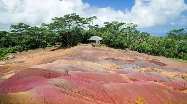 Mauritius Island natural geology phenomenon view over colorful Seven Coloured Earth of Charamel towards green rainforest. Charamel, Island of Mauritius, Republic of Mauritius, Africa