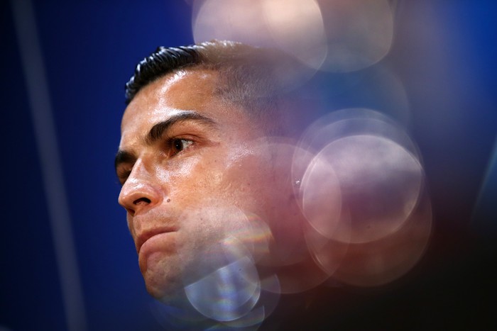 MANCHESTER, ENGLAND - OCTOBER 22:  Cristiano Ronaldo of Juventus looks on during a press conference ahead of their UEFA Champions League Group H match against Manchester United at Old Trafford on October 22, 2018 in Manchester, England.  (Photo by Jan Kruger/Getty Images)