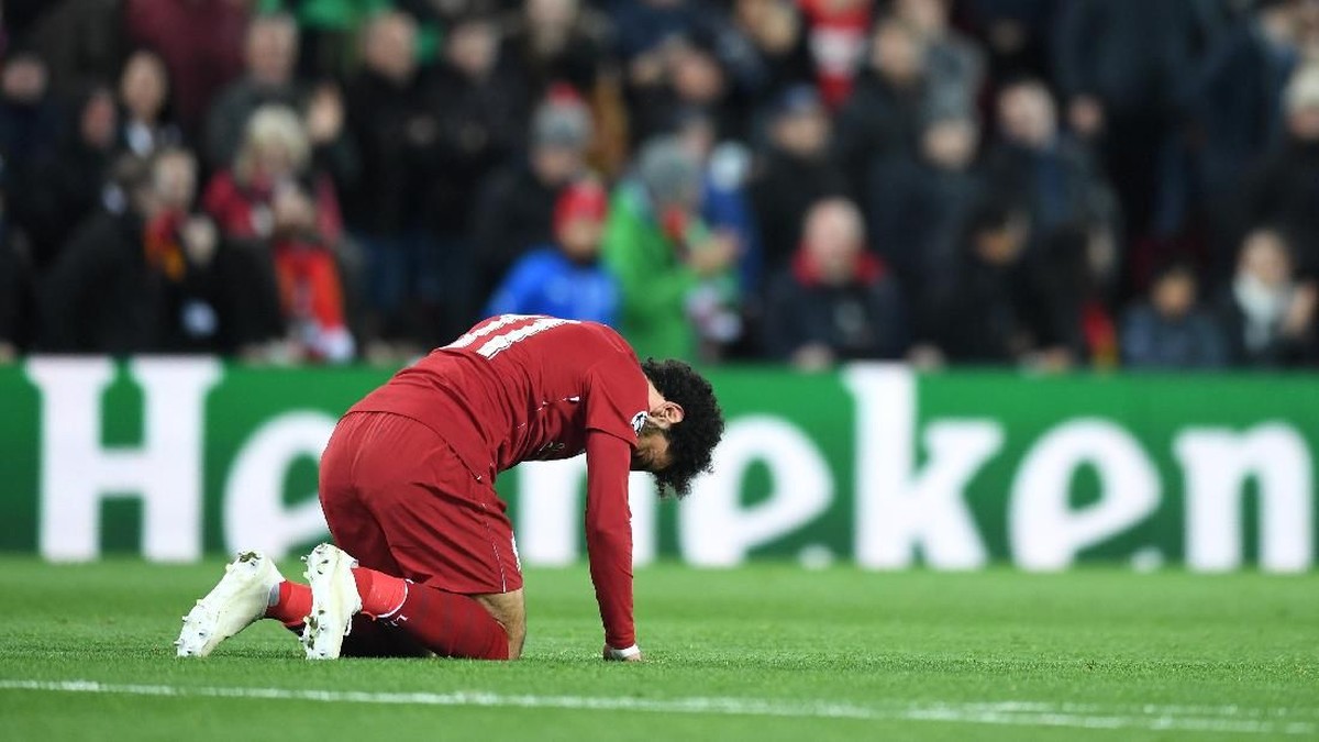 Salah satu ekspresi Mohamed Salah usai mencetak gol untuk Liverpool dini hari tadi. (Foto: Michael Regan/Getty Images)