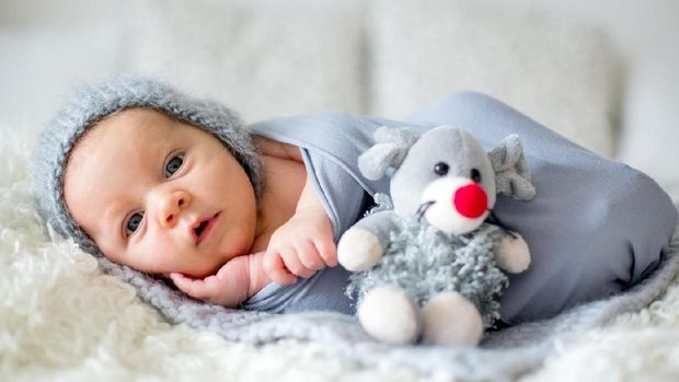 Little newborn baby boy, looking curiously at camera, lay dawn in bed, holding little toy